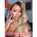 Ash Blonde Color Undetectable HD 13x4 Lace Front Wig Virgin Human Hair Wavy Dark Brown Roots Pre-Plucked Hairline Lwigs336