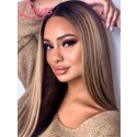 Brazilian Virgin Human Hair Silk Straight Brown Ombre Blonde Highlight Color Undetectable HD Lace Front Wigs Lwigs295