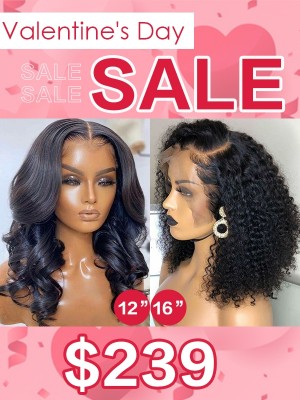Lwigs 2022 Valentine's Day Sale Unprocessed Virgin Human Hair 4x4 Lace Closure Buy 1 Get 1 Free Wave & Curly Wigs VD02