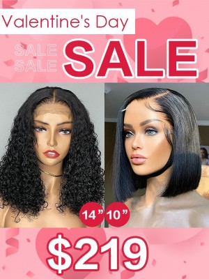 Lwigs 2022 Valentine's Day Combo Deal Glueless Human Hair 4x4 Lace Closue Deep Curly & Bob Wig With Natural Hairline VD01