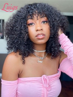 100% Virgin HD Lace Wig Bleached Knots Afro Kinky Curly Bob Wig With Bangs Glueless Full Lace Wigs Brazilian Human Hair Lwigs06