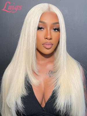 2023 Hot Sale Hairstyles #613 Blonde Color Layered Silky Straight Transparent HD Swiss Lace 13x4 Lace Front Wigs Lwigs76