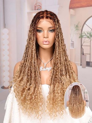 Lwigs Most-Fit Cap Ombre Blonde Color Knotless Boho Curls Braided HD Full Lace Wigs With Baby Hair UD17