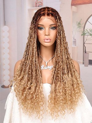 Lwigs Most-Fit Cap Ombre Blonde Color Knotless Boho Curls Braided HD Full Lace Wigs With Baby Hair UD17