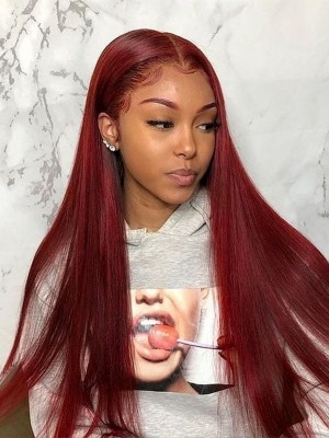 100% Brazilian Virgin Human Hair Burgundy Lace Wig Undetectable HD Lace Silk Straight Hair Full End 13x6 Lace Front Wig Lwigs309