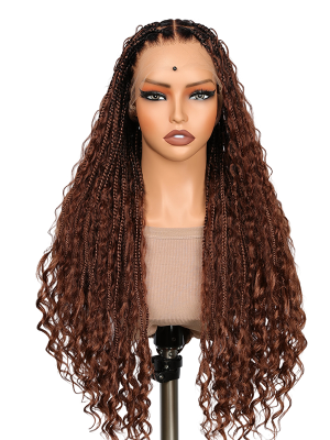 Lwigs Most-Fit Cap Beginner Friendly Pre-Braided 180% Density Ombre Brown Color Knotless HD Full Lace Wig UD05