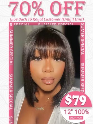 Lwigs Summer Special #1 Jet Black Color 12 Inches Bleached Knots 100% Density Yaki Straight Bob With Bangs Full Lace Wigs TS12