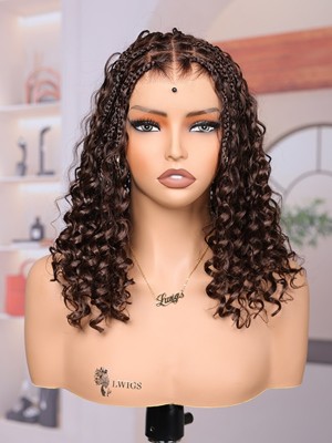 Lwigs Most-Fit Cap Dark Brown Boho Braids Deep Curly Human Hair Skin-Melted HD Full Lace Braided Wig UD10