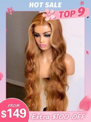 Sunshine Orange Brown Wavy 13x6 HD Lace Wig Body Wave Pre Plucked Hairline Bleached Knots Highlight Lace Front Wigs Lwigs361