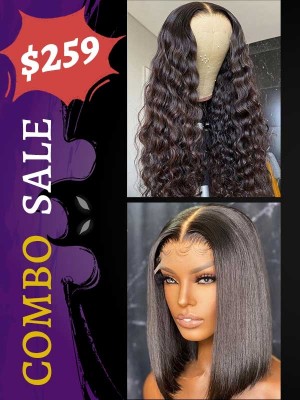 Special Offer Natural Color Wig For Sale 10 Inch Bob Wig & 20 Inch Deep Wave Human Hair Closure Wig Combo Sale Best Price Lwigs432