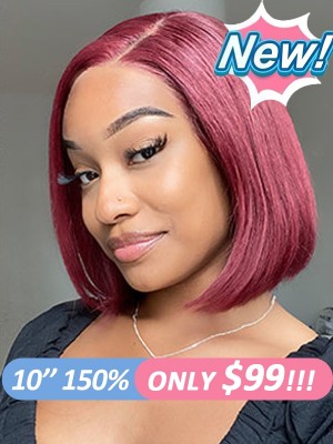 #99J Bleached Knots Bob Haircut Human Hair Pre-Plucked Hairline C-Part Lace Wig Burgundy Color Wigs Lwigs315