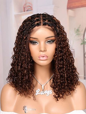 Lwigs Most-Fit Cap Boho Curls Braided Wig Ombre Brown Color Middle Length Bob HD Full Lace Wigs UD18