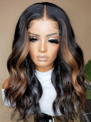 US Warehouse 48H Shipping Ombre Highlight Color 22 Inches 150% Density Wavy 13x6 Real Skinlike HD Lace Front Wig US04