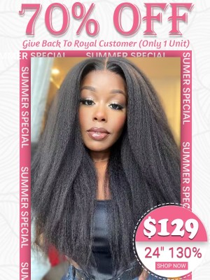 Lwigs Summer Special Kinky Straight 24 Inches Jet Black Color Pay Later Human Hair 130% Density 13x4 Lace Front Wig TS06