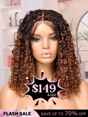 Lwigs Most-Fit Cap #1B#30 Ombre Color Boho Braided Wig Short Length Tiny Knots 5x5 HD Lace Closure Top Braids Wigs UD30