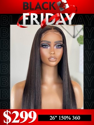 Lwigs 2024 Black Friday Sale Natural Black Color 26 Inches 150% Density Silky Straight Pre-plucked HD Lace 360 Lace Wig RS06
