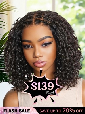 Lwigs Most-Fit Cap Boho Curls Top Braided Wigs Invisible Skinlike HD Lace Short Length Natural Color 5x5 Lace Closure Wigs UD29