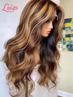 2023 Ombre Brown Highlights Body Wave Style Soft Texture Virgin Hair 13X6 Lace Frontal Wig Lwigs499