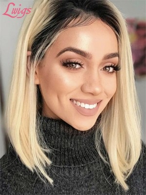 Brazilian Front Lace Wig Human Hair Ombre Blonde Color Hair #613 Wig With Black Roots Short Bob Wig 13x4 180 Density Lwigs73