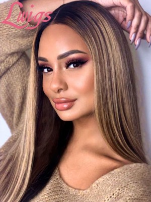 Brazilian Virgin Human Hair Silk Straight Brown Ombre Blonde Highlight Color Undetectable HD Lace Front Wigs Lwigs295