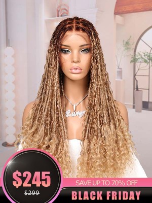 Lwigs Most-Fit Cap Knotless Boho Curls Braided HD Full Lace Wigs Ombre Natural Blonde Colors With Baby Hair UD17