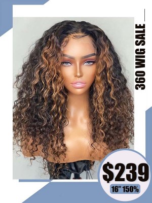 360 Curly Brown Wigs For Sale Glueless HD Lace Wig Bleached Knots Honey Brown Highlights Afro Curly Wig With Middle Part 360W02