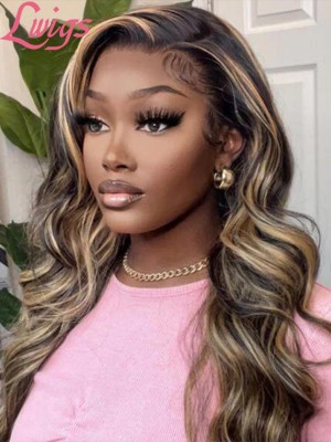 Highlight Color Brazilian Virgin Human Hair Pre-Plucked Clean Hairline With Baby Hair Body Wave 13x6 Lace Front Wig Lwigs56