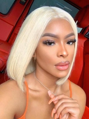 Human Hair #613 Blonde Color Hair Brazilian Virgin Hair Bleached Knots Straight Short Bob Style 13x4 Lace Front Wigs Lwigs90