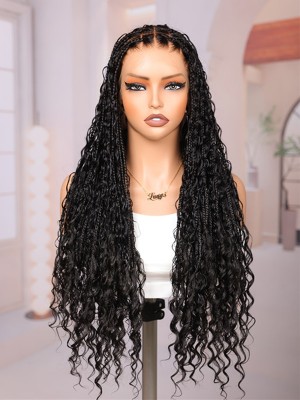Lwigs Most-Fit Cap Handmade 180% Density Real Skinlike HD Full Lace Knotless Long Boho Box Braided Wig UD04