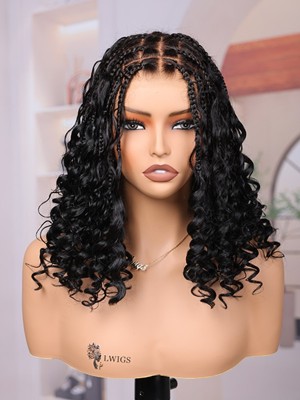 Lwigs Most-Fit Cap Invisible Drawstring Knotless Boho Curls Braided Middle Length Bob HD Full Lace Wigs UD13