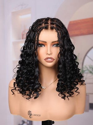 Lwigs Most-Fit Cap Knotless Natural Black Color Braided Middle Length Bob Real Skinlike HD Full Lace Wigs UD13