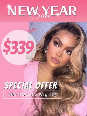 Lwigs 2023 Flash Sale Pre-plucked Natural Hairline Highlight Color Wigs 28 Inches 200% Density Body Wave 360 HD Lace Wig NY17