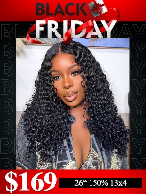 Lwigs 2024 Black Friday Sale Natural Black Color Pre-plucked Hairline 26 Inches 150% Density Kinky Curly 13x4 Lace Front Wig RS10
