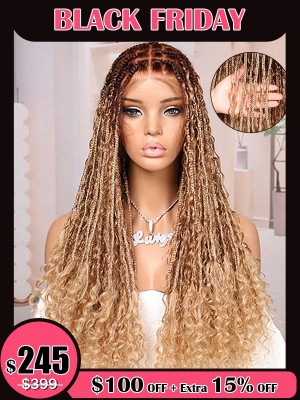 Lwigs 2025 Black Friday Special Most-Fit Cap Knotless Boho Curls Braided HD Full Lace Wigs Ombre Natural Blonde Colors With Baby Hair UD17