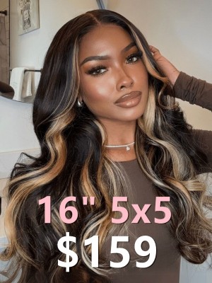 Lwigs 2025 Tax Refund Sale Wavy 16 Inches Ombre Highlight Color Brazilian Human Hair HD Lace 5x5 Closure Wig TAX107