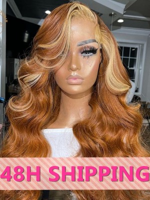 Lwigs 2025 Valentine's Day Sale 48H Shipping Wavy Orange Brown With Highlight Color 18 Inches 150% Density 13x6 Lace Front Wig NY02