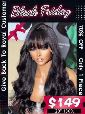 Lwigs Black Friday Special Offer #1b Jet Black Color Wavy With Bangs 20 Inches 130% Density No Combs Full Lace Wigs BS13