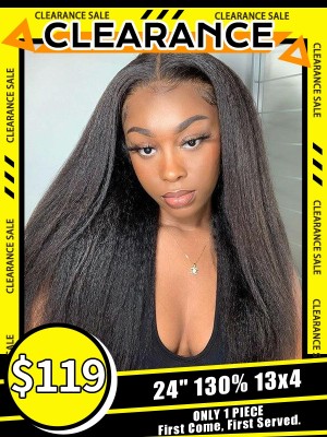 Lwigs Clearance Deals Bleached Knots Kinky Yaki Straight #1B Jet Black Color Pre-plucked Hairline 13x4 Lace Frontal Wig TH03