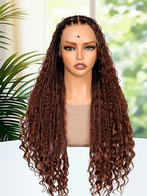Lwigs Most-Fit Cap Beginner Friendly Pre-Braided 180% Density Ombre Brown Color Knotless HD Full Lace Wig UD05