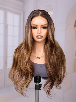 Lwigs Most-Fit Cap Free Max-Parting 11x6 HD Lace Frontal Wigs Wavy Texture Ombre Brown Color With Highlight UD11