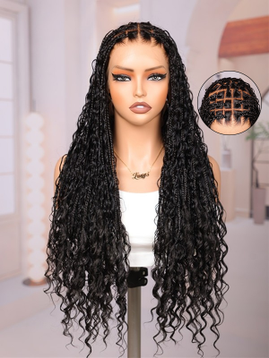 Lwigs Most-Fit Cap Handmade 180% Density Real Skinlike HD Full Lace Knotless Long Boho Box Braided Wig UD04