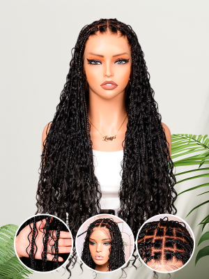 Lwigs Most-Fit Cap Handmade 180% Density Real Skinlike HD Full Lace Knotless Long Boho Box Braided Wig UD04