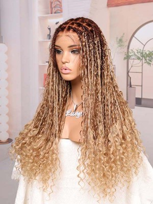 Lwigs Most-Fit Cap Ombre Blonde Color Knotless Boho Curls Braided HD Full Lace Wigs With Baby Hair UD17