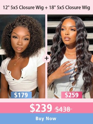Lwigs New Arrivals Pay 1 Get 1 Free 12 Kinky Curly Short Hair & 18 Loose Wave 5x5 HD Lace Closure Wigs 150% Density Combo Deal CS