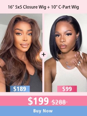 Lwigs New Arrivals Pay 1 Get 2 Wigs 16 Brown Color Body Wave 5x5 HD Lace Closure Wig & 10 C-Part Bob Wig With Big Discount CS09