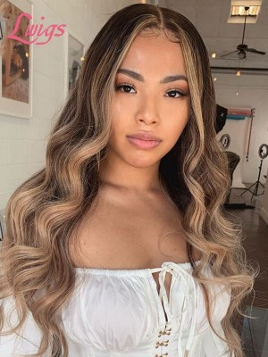 Highlight Color Hair Balayage Blonde Virgin Human Hair Wavy Pre-plucked HD Lace Wig Body Wave Full Lace Wig With Baby Hair Lwigs275