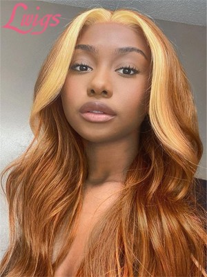 Orange Brown Wavy Hair Body Wave Bleached Knots Blonde Highlights Color 13x6 HD Lace Wig Natural Hairline Lwigs11