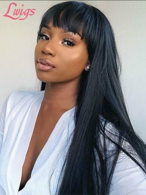 Silky Straight Brazilian Remy Human Hair Wigs With Bangs Bleached Knots Natural Color 13x6 Lace Front Wigs Lwigs111