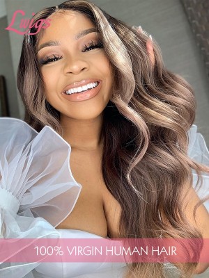 Smile Pretty Girl Ombre Color Body Wave Virgin Human Hair Wigs 360 Lace Wig Glueless Dream HD Lace Frontal Wig Ash Brown Mixed Color Hair Lwigs347