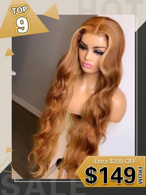 Sunshine Orange Brown Wavy Hair 13x6 HD Lace Wig Body Wave Pre Plucked Hairline Bleached Knots Blonde Highlight Lace Front Wigs Lwigs361